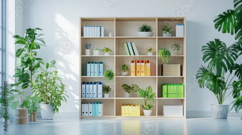 minimalist office bookshelf with green plants and colorful binders