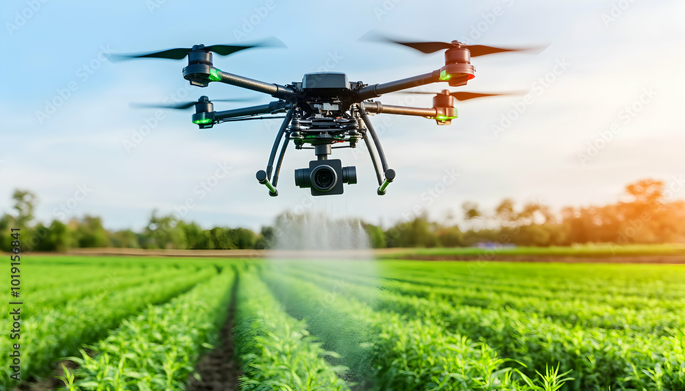 A drone spraying a field of crops. A drone spraying a field of crops.