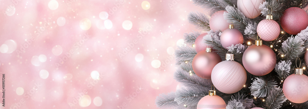Festive background in pink colors with Christmas tree with shiny ornaments, garland and cones.. Festive background in pink colors with Christmas tree with shiny ornaments, garland and cones..