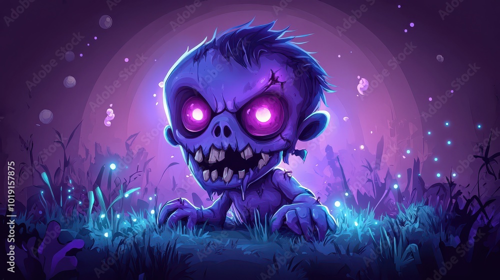 Digital Illustration of a Creepy Cartoon Zombie in a Glowing Purple Environment Digital Illustration of a Creepy Cartoon Zombie in a Glowing Purple Environment