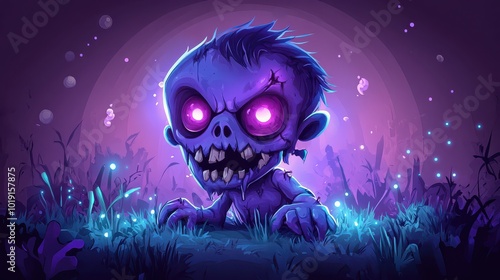 Digital Illustration of a Creepy Cartoon Zombie in a Glowing Purple Environment