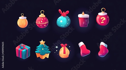 Set of cartoon Christmas elements on a dark blue background, including ornaments, a candle, a gift box, a Christmas tree, a stocking, and a gift bag.