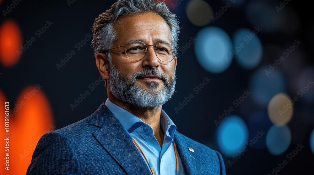 A well-dressed speaker stands confidently at a technology conference, engaging the audience with insights on current trends and innovations A well-dressed speaker stands confidently at a technology conference, engaging the audience with insights on current trends and innovations