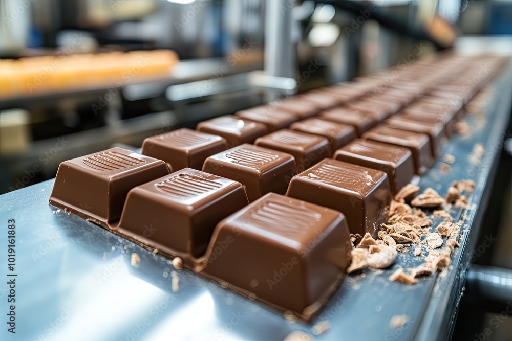 Chocolate bars on conveyor belt. The image depicts the final stages of production of chocolate bars, showcasing the smooth, glossy surface of the finished product. Chocolate bars on conveyor belt. The image depicts the final stages of production of chocolate bars, showcasing the smooth, glossy surface of the finished product.