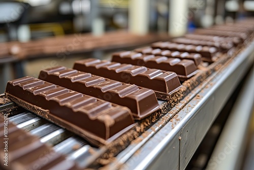 Chocolate bars on a conveyor belt. A close-up shot of a production line for chocolate bars, showcasing the process of making candy.