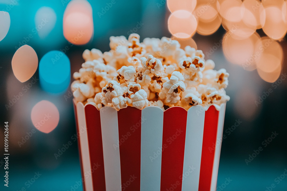 A close-up of freshly popped popcorn in a red and white striped container with colorful bokeh lights in the background
A close-up of freshly popped popcorn in a red and white striped container with colorful bokeh lights in the background