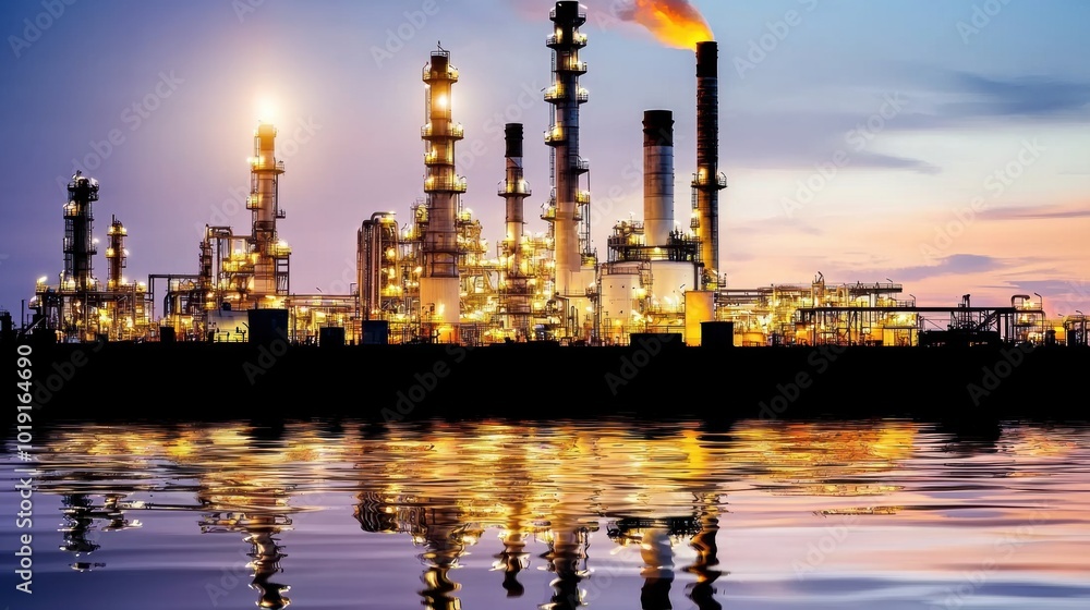 Fototapeta premium Industrial Landscape at Dusk with Smokestacks and Reflections