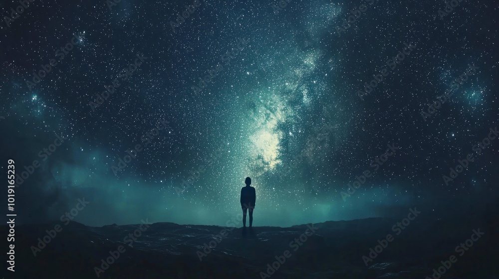 Fototapeta premium Silhouette of a man gazing at the Milky Way