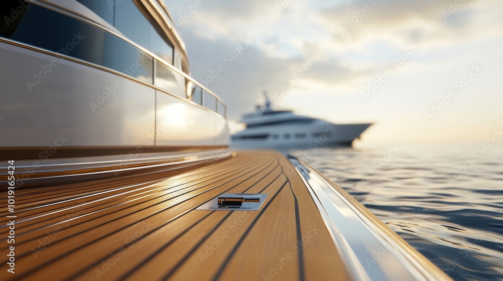 Fototapeta premium Wood decking on a luxury yacht in the background. Yachting concept.