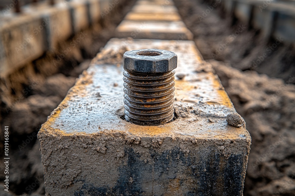 A rusty bolt in a concrete block. This photo illustrates the process of anchoring a structure to the ground, showing the durability and strength of the construction.
