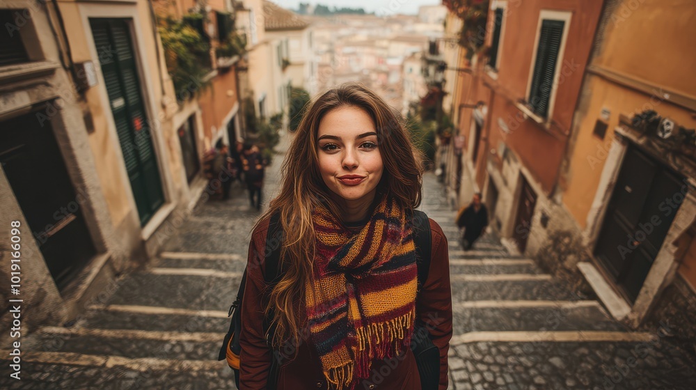 Young woman in urban street posing on stone stairs in autumn Young woman in urban street posing on stone stairs in autumn