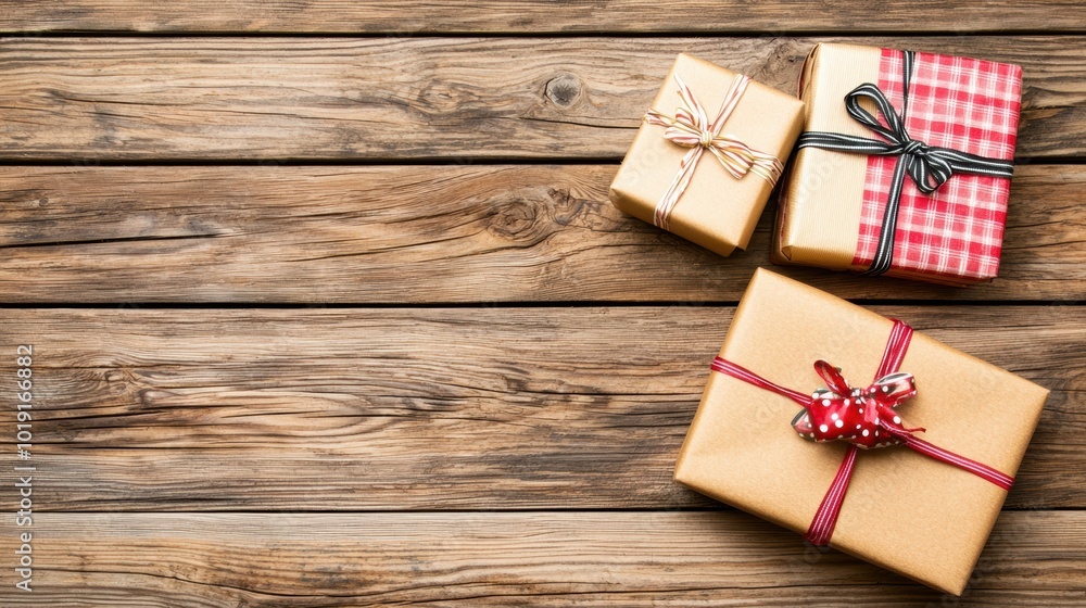 Wrapped Gifts on Rustic Wooden Surface Wrapped Gifts on Rustic Wooden Surface