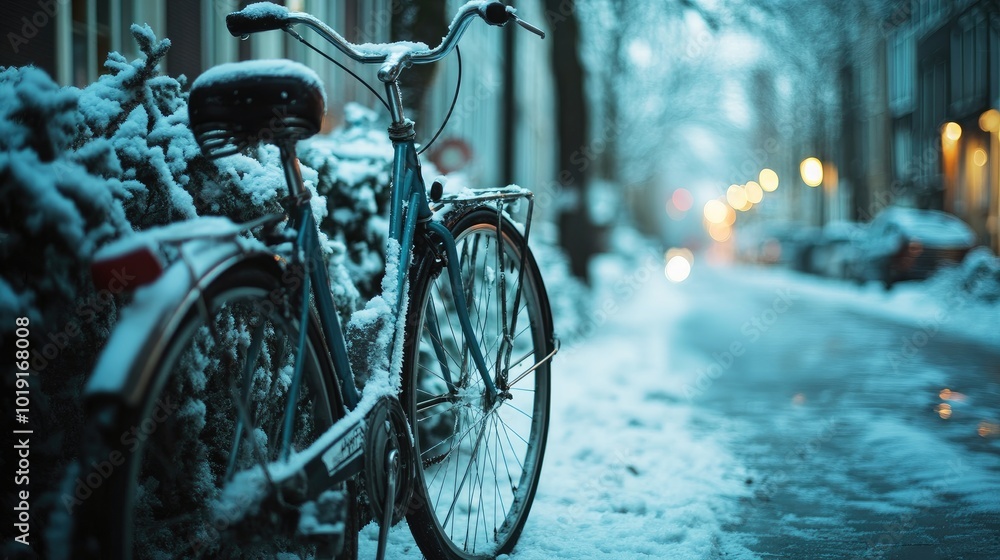 A bicycle parked in the snow. It represents a winter scene with a bicycle. A bicycle parked in the snow. It represents a winter scene with a bicycle.