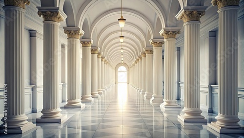 Arched antique style corridor with columns and white walls  abstract light background