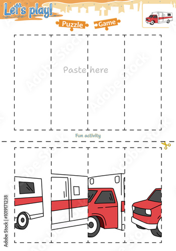 Lets play cut and paste puzzle game with transportation theme of ambulance car 3