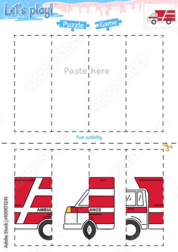 Lets play cut and paste puzzle game with transportation theme of Ambulance car 3