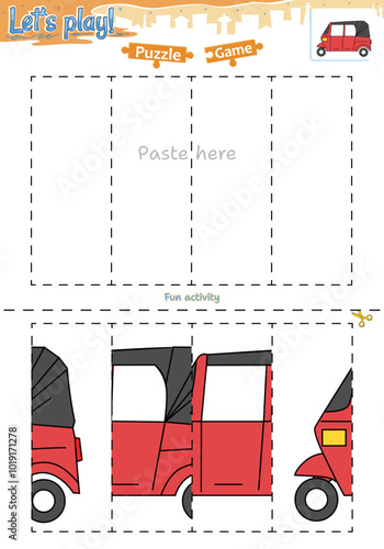 Lets play cut and paste puzzle game with transportation theme of Bajaj