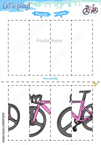 Lets play cut and paste puzzle game with transportation theme of Bicycle