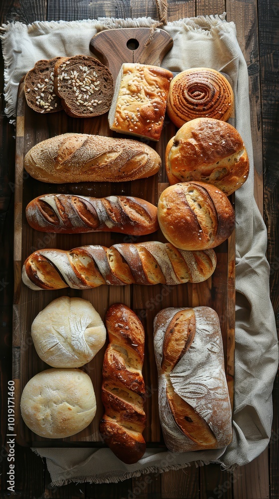Freshly baked assorted breads on a rustic wooden cutting board ready for a delightful breakfast Freshly baked assorted breads on a rustic wooden cutting board ready for a delightful breakfast