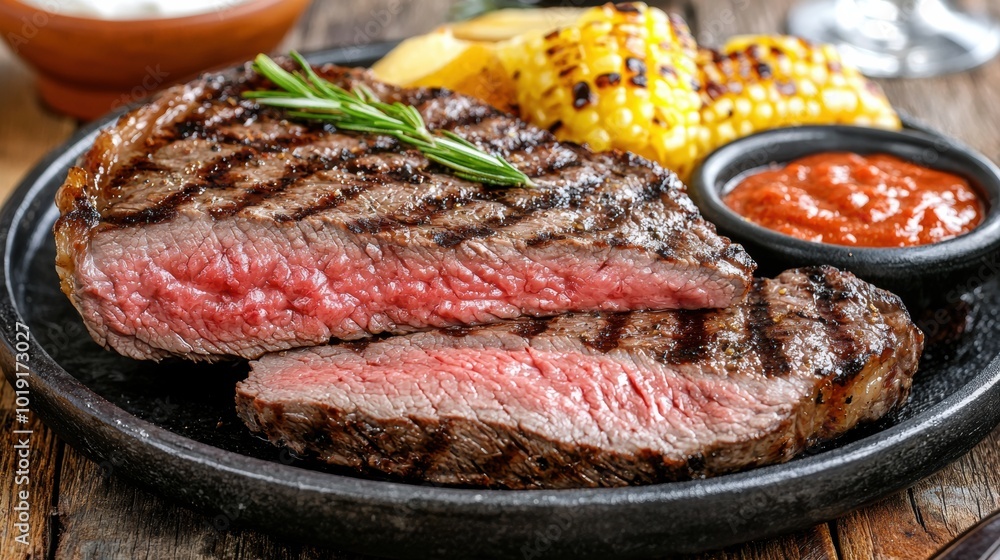 Juicy Grilled Steak with Corn and Sauce on Plate Juicy Grilled Steak with Corn and Sauce on Plate