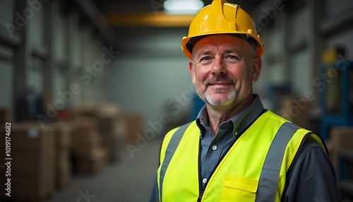 A male construction worker wearing a yellow safety vest and hard hat, standing in a blurred industrial setting created with generative ai