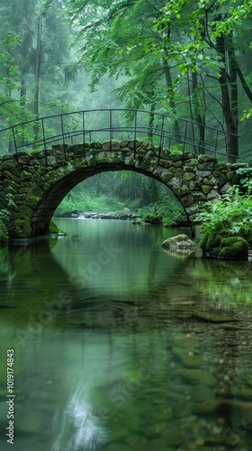 A stone bridge arches over a peaceful river in a lush green forest during a serene morning