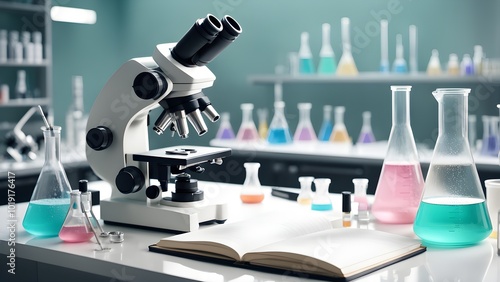 A white microscope sits on a table in a laboratory with beakers of colored liquids, a notebook, and other lab equipment.