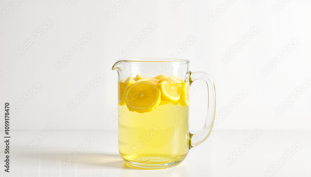 Fresh lemon water in a glass pitcher with lemon slices for hydration and refreshing drinks on a light background Fresh lemon water in a glass pitcher with lemon slices for hydration and refreshing drinks on a light background