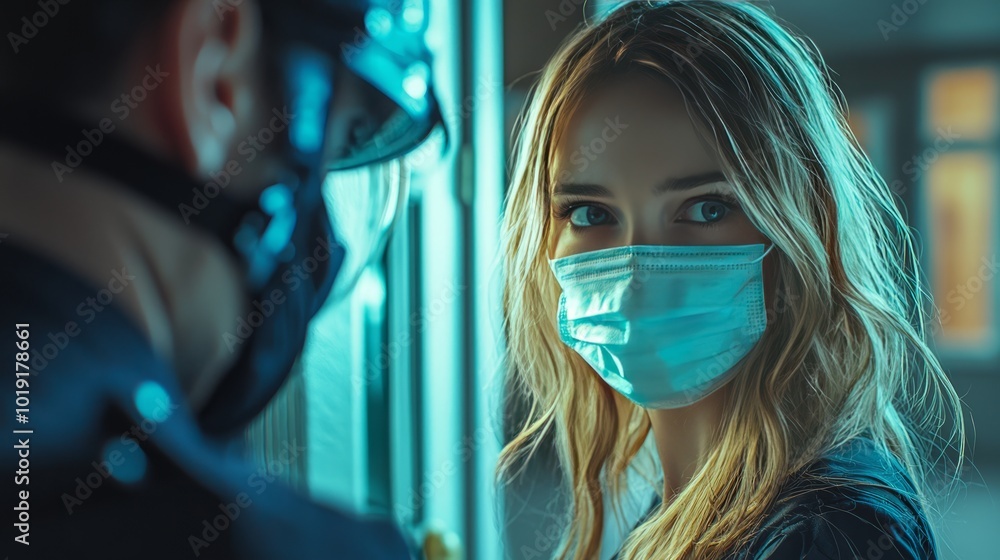 Woman in a protective face mask looking concerned in a close-up view Woman in a protective face mask looking concerned in a close-up view
