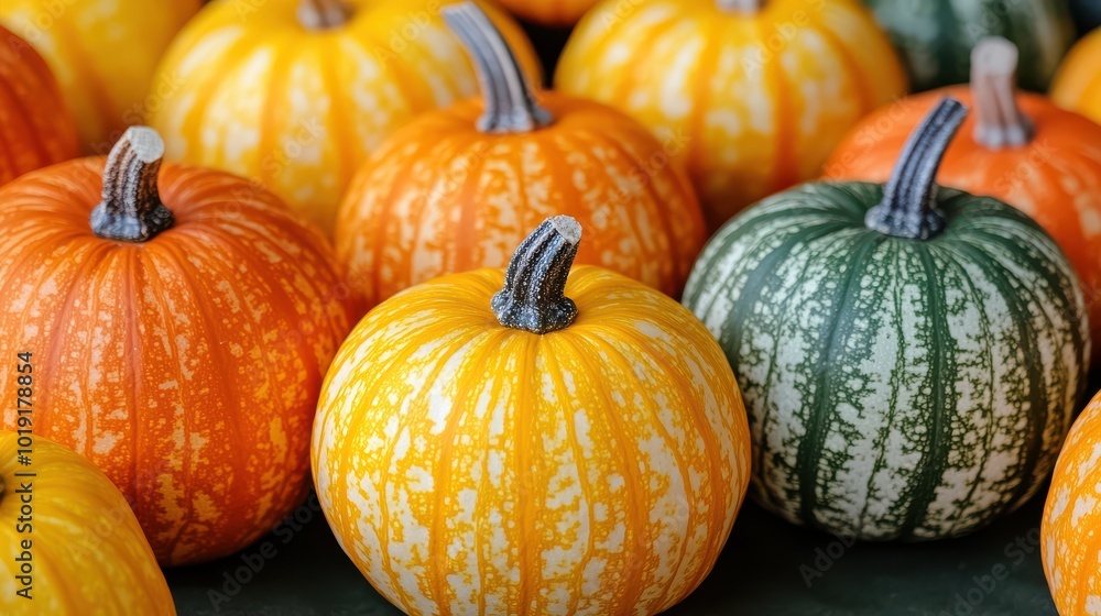 Assorted orange and green pumpkins on display at a market Assorted orange and green pumpkins on display at a market