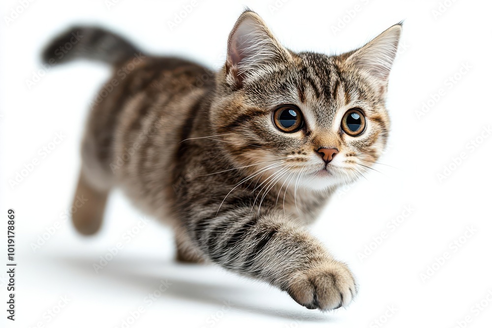 Obraz premium playful cat captured midstride in a dynamic pose showcasing agility as it runs and walks set against a clear isolated background