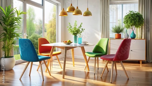 Modern dining table with four stylish chairs in a bright, minimalistic interior setting