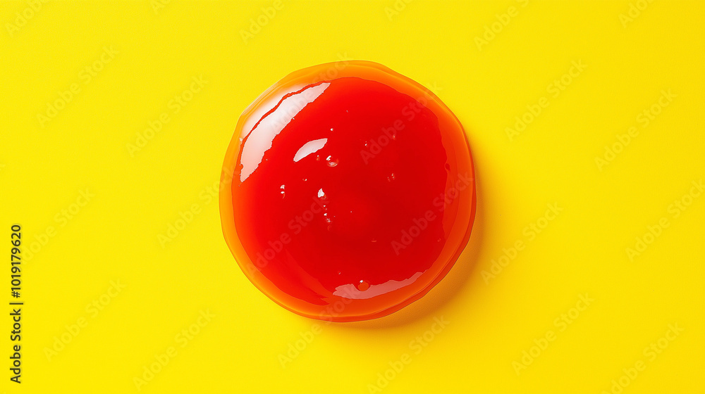 a close-up, top-down view of sweet and sour sauce in a rounded puddle shape, placed on a vibrant yellow background that matches its flavor profile
