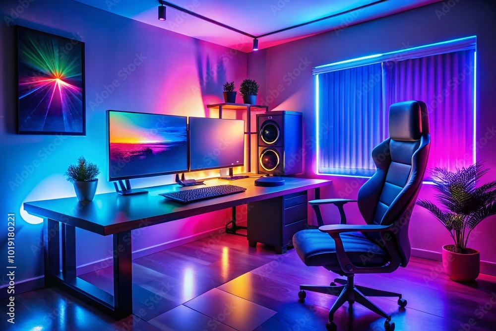 Fototapeta premium Modern LED illuminated PC setup showcasing vibrant RGB lighting in a sleek gaming environment