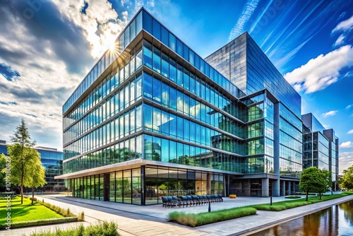 Modern Luxury Office Building with Glass Facade and Urban Landscape in Bright Daylight Setting