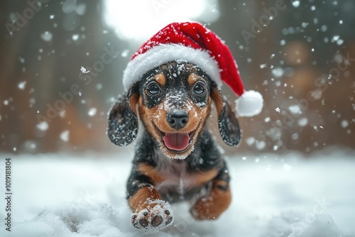 playful dachshund puppy frolicking through snowy forest red santa hat perched jauntily on head paw prints trailing behind in fresh powder photo