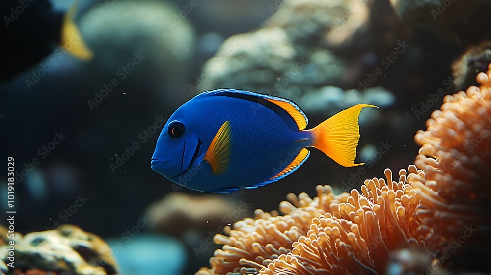 Fototapeta premium A striking blue tang fish showcasing its yellow tail while swimming among colorful corals