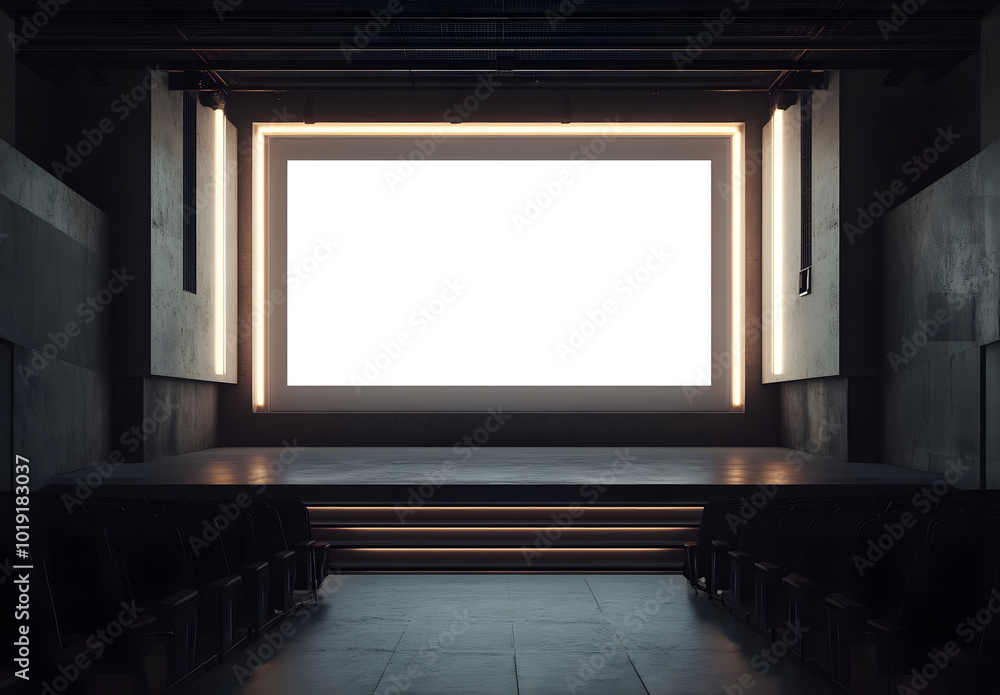 Perspective view on a blank white large screen with a place for your advertising text or logo brand in the abstract industrial hall with a grey wall background and bench on the concrete floor design. Perspective view on a blank white large screen with a place for your advertising text or logo brand in the abstract industrial hall with a grey wall background and bench on the concrete floor design.