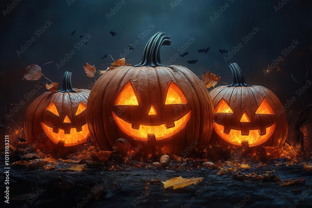 Fototapeta premium playful halloween illustration for children featuring carved pumpkins with friendly faces set against a dark backdrop leaving ample space for text creating an inviting and festive atmosphere