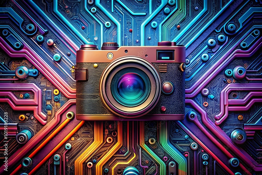 Fototapeta premium Modern Tech Icon Featuring Circuit Patterns and Digital Elements on a Futuristic Background Design