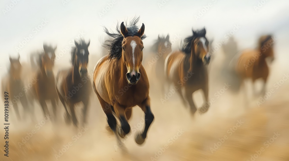 A dynamic shot of wild horses galloping through a dusty landscape, showcasing freedom, power, and beauty in their natural habitat. A dynamic shot of wild horses galloping through a dusty landscape, showcasing freedom, power, and beauty in their natural habitat.