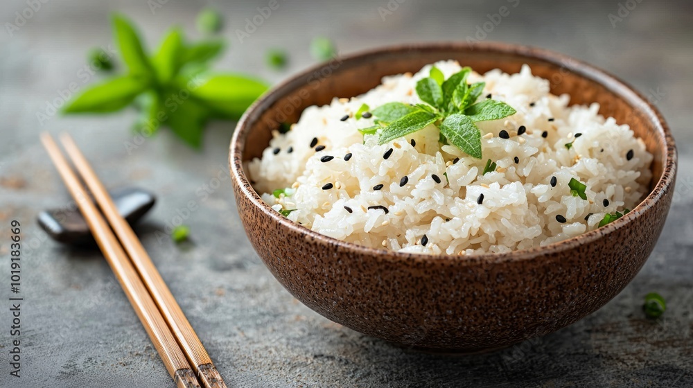 Bowl of steamed rice garnished with black sesame seeds and fresh herbs Bowl of steamed rice garnished with black sesame seeds and fresh herbs
