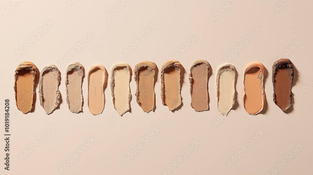 an elegant horizontal collection of swatches of neutral almond foundation, all uniform in size, displayed on a light taupe background an elegant horizontal collection of swatches of neutral almond foundation, all uniform in size, displayed on a light taupe background