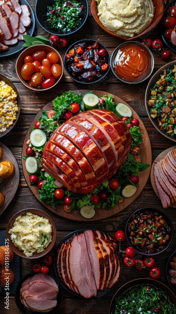 Festive table with traditional sides and a beautiful honey-glazed ham centerpiece Festive table with traditional sides and a beautiful honey-glazed ham centerpiece