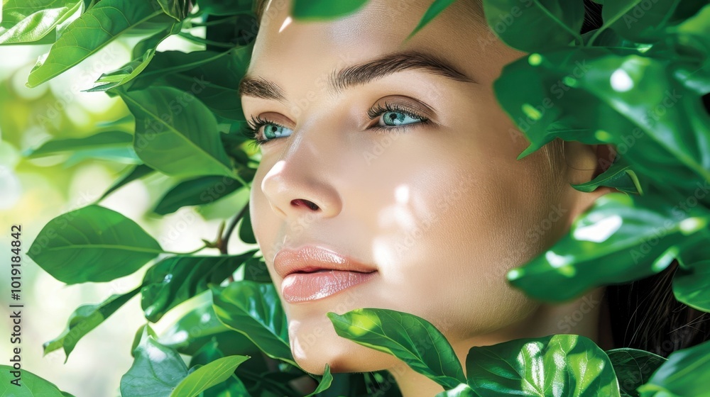 Serene Beauty Surrounded by Fresh Green Leaves Serene Beauty Surrounded by Fresh Green Leaves