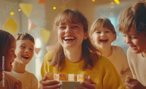 A joyful group of children celebrating with laughter and happiness, surrounded by colorful decorations during a fun birthday party.