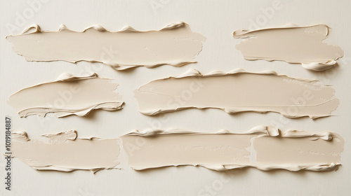 a refined horizontal arrangement of swatches of fair porcelain foundation, each identical in size, displayed on a soft ivory background photo