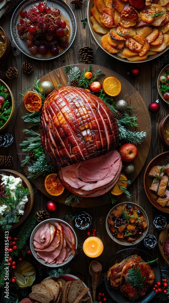 Fototapeta premium A festive holiday dining table set with ham and traditional side dishes for a celebration