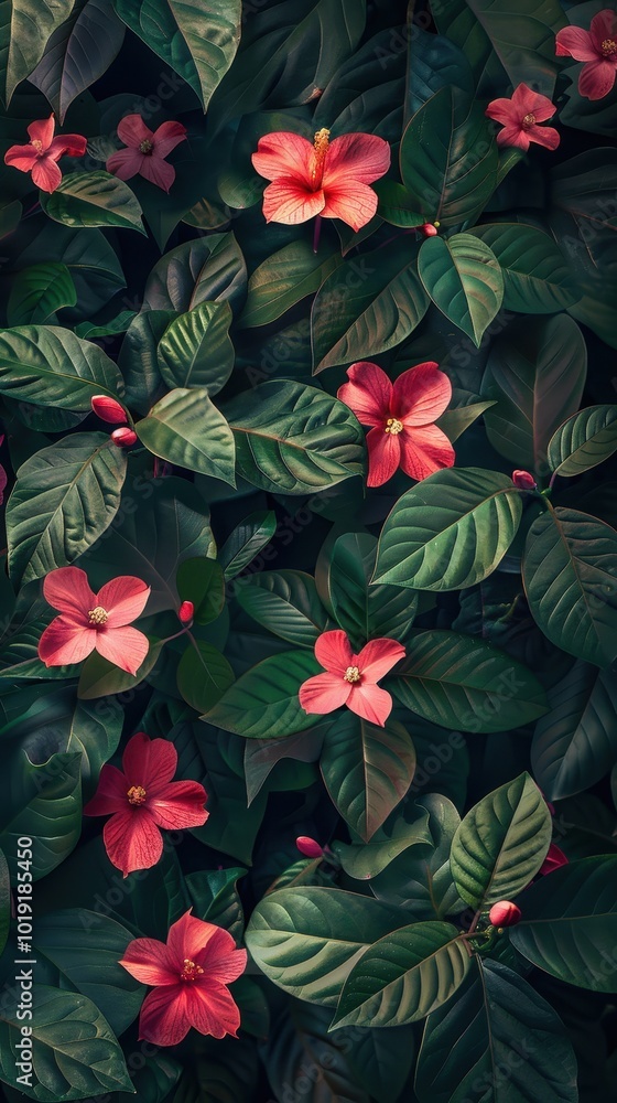 Vibrant pink flowers bloom among lush green leaves in a serene natural setting Vibrant pink flowers bloom among lush green leaves in a serene natural setting