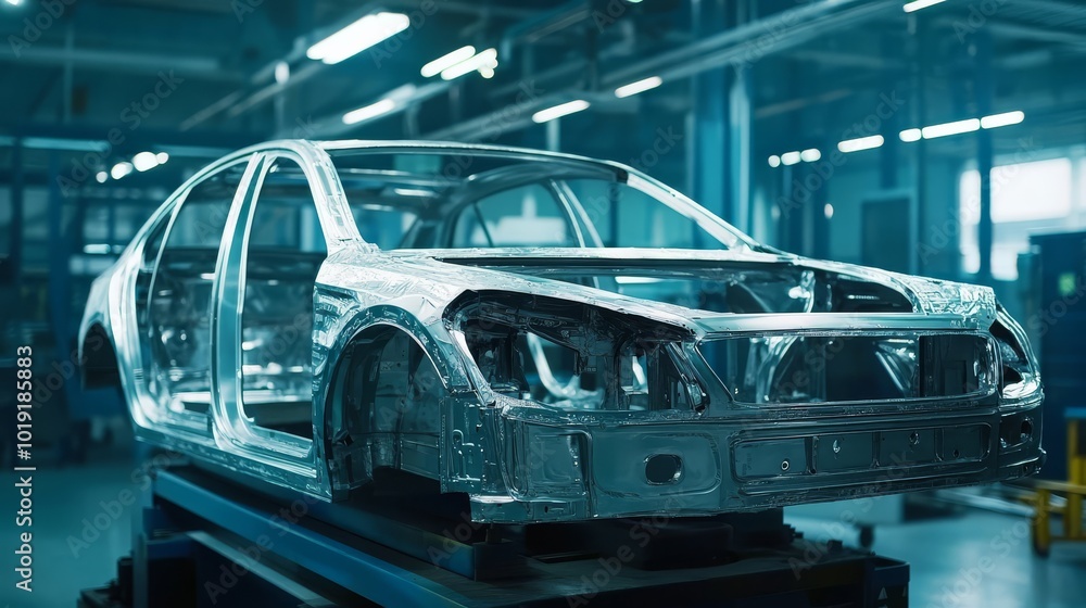 A metallic car frame in an automotive factory highlighting industrial manufacturing and production processes with modern technology. A metallic car frame in an automotive factory highlighting industrial manufacturing and production processes with modern technology.